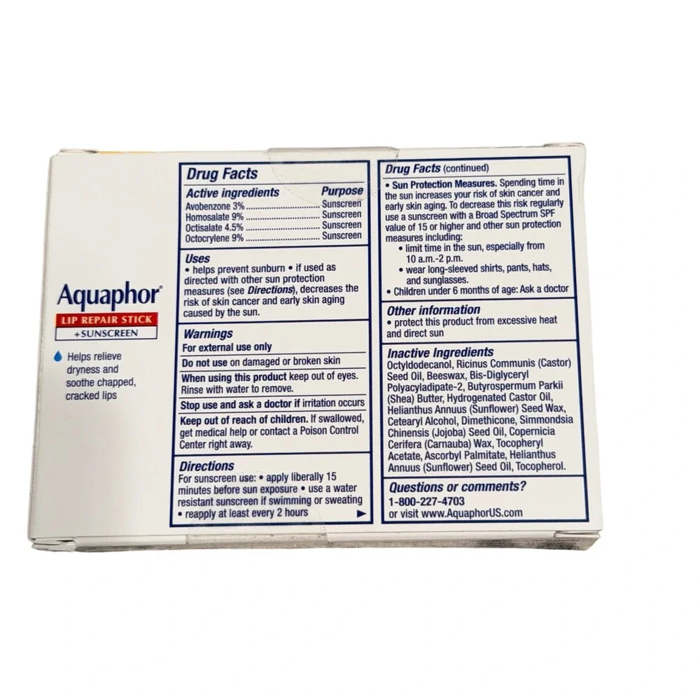 Aquaphor Lip Repair Stick 4 Pack Immediate‎ Relief & SPF 30 Sunscreen 0.17oz ea